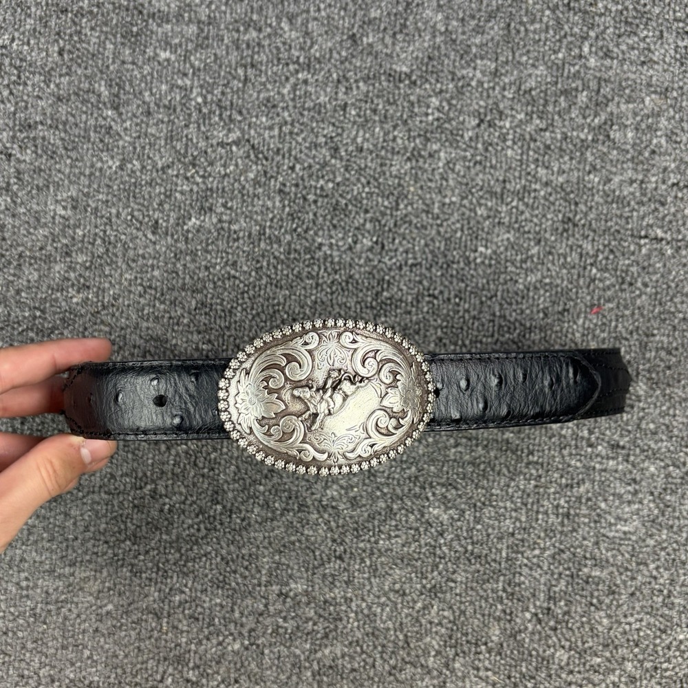 Nocona Western Belt Size 24 Black Ostrich Print Leather Rodeo Cowboy Buckle